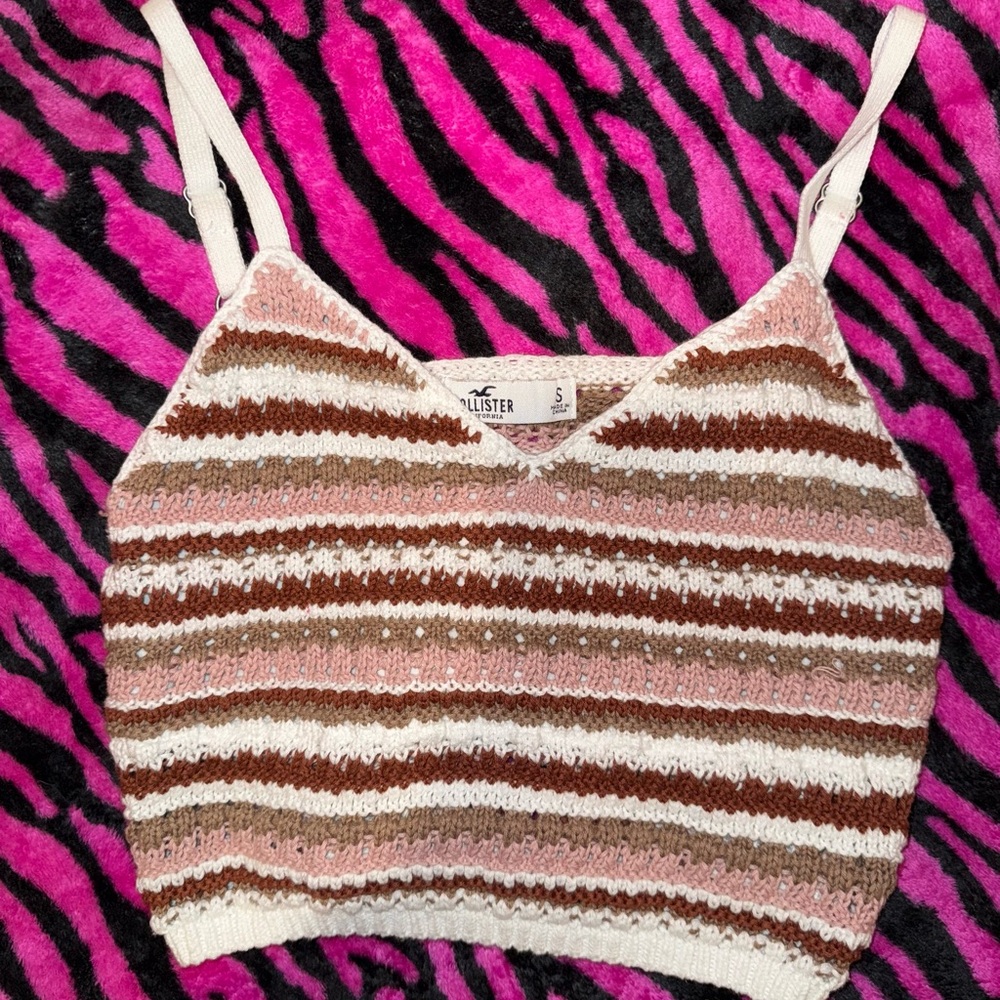 Hollister Women's Striped Crochet Top - Pink and Brown